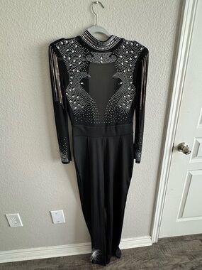 Black Rhinestone-Embellished Long Sleeve Evening Jumpsuit